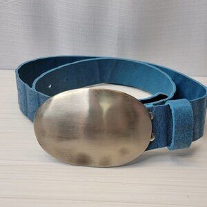 Badichi Teal Wide Leather Blet with Silver Hammered Oval Buckle, L